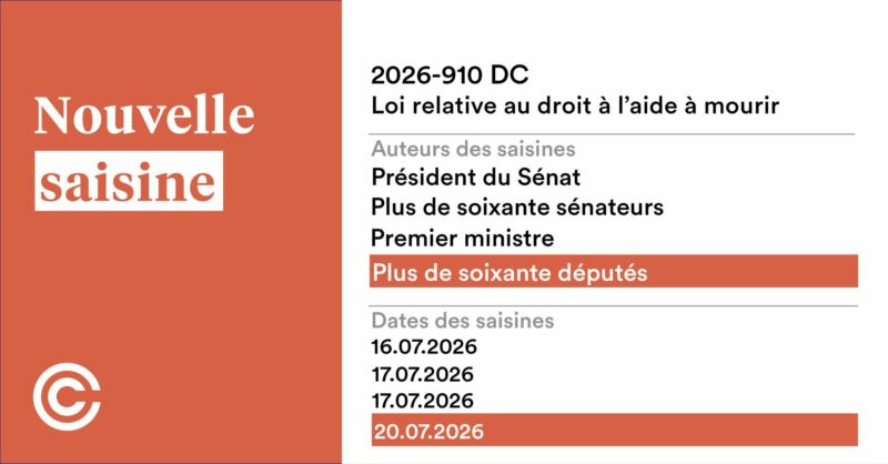 Image for the Tweet beginning: Saisine de l'affaire n°2026-910 DC